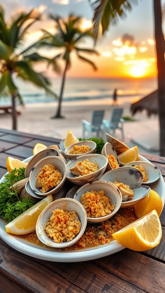 Giant clam bake with breadcrumb topping and lemon wedges on a wooden table by the beach.